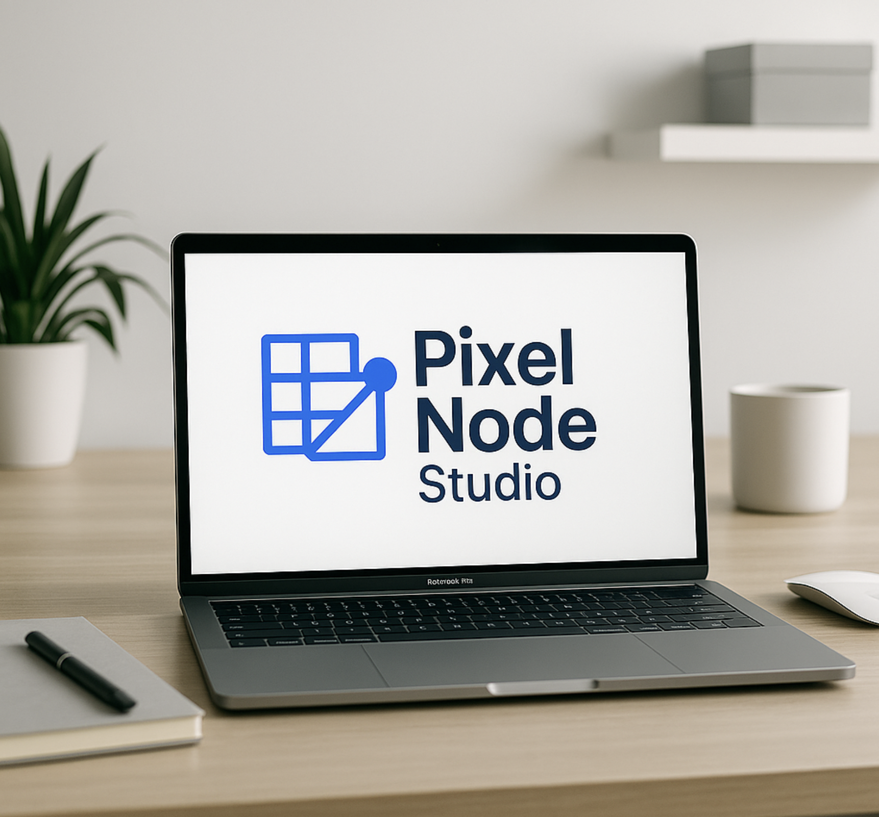 Pixel Node Studio Logo on Laptop
